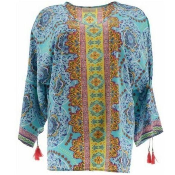 Belle by Kim Gravel Medallion Ruched-Sleeve Blouse - Picture 2 of 7